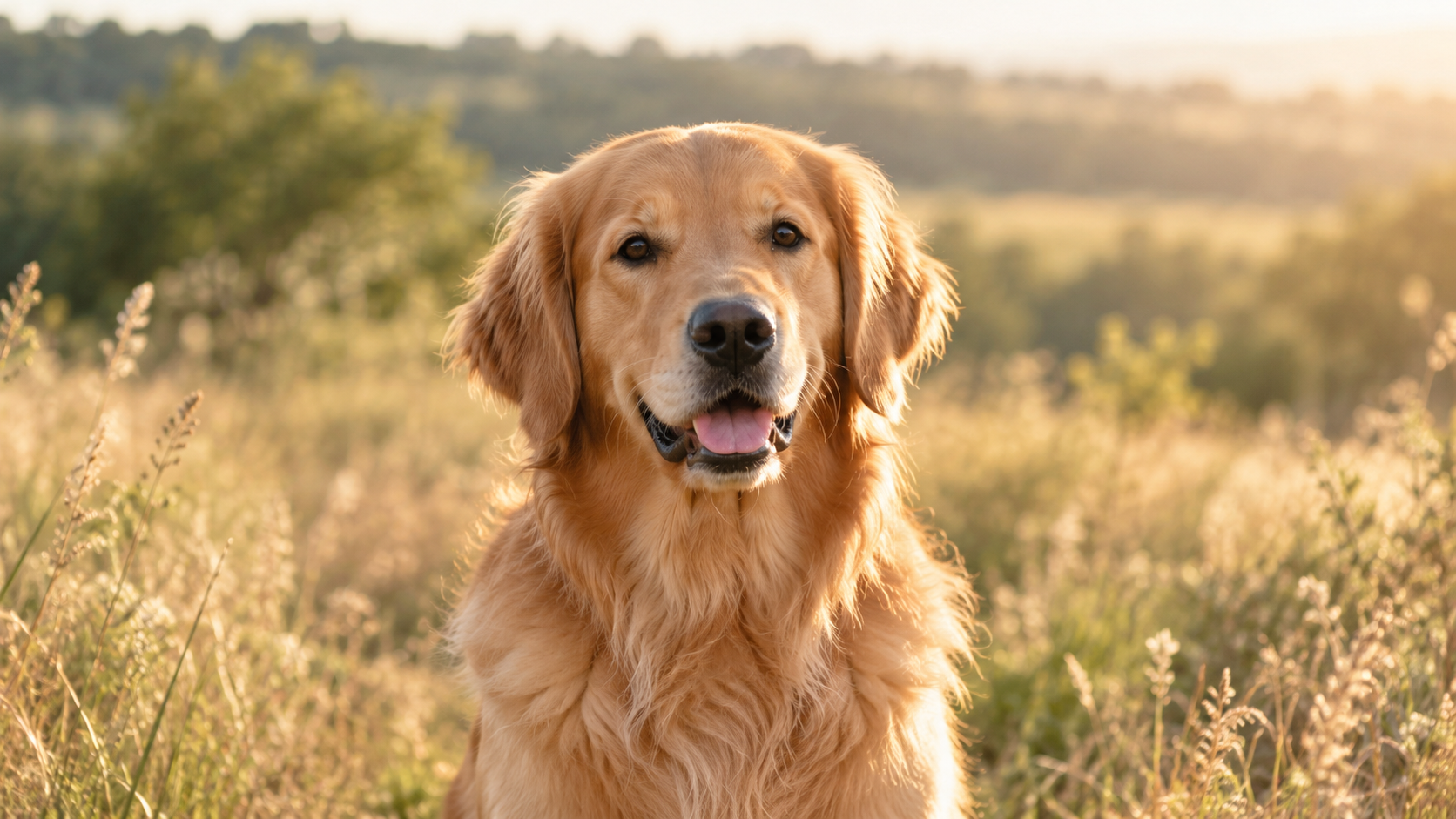 Golden Retriever portrait in a sunlit meadow, accompanying a guide to the breed’s personality, care and health.