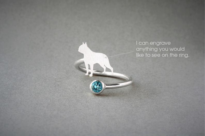 BOSTON TERRIER-Birthstone Silver Ring - 1 Main image